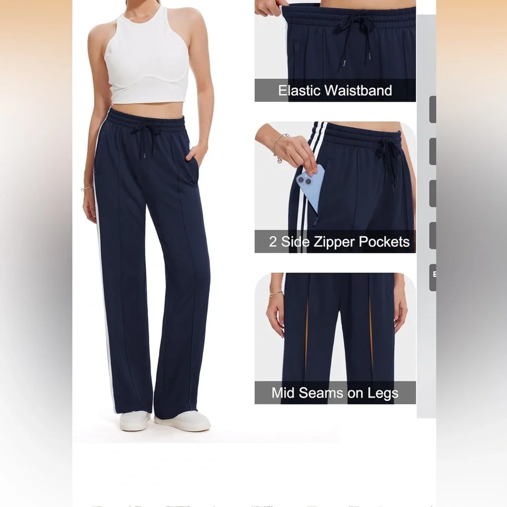 NAVY BLUE Wide-Leg Track Pants with White Side Stripes - Picture 4 of 5